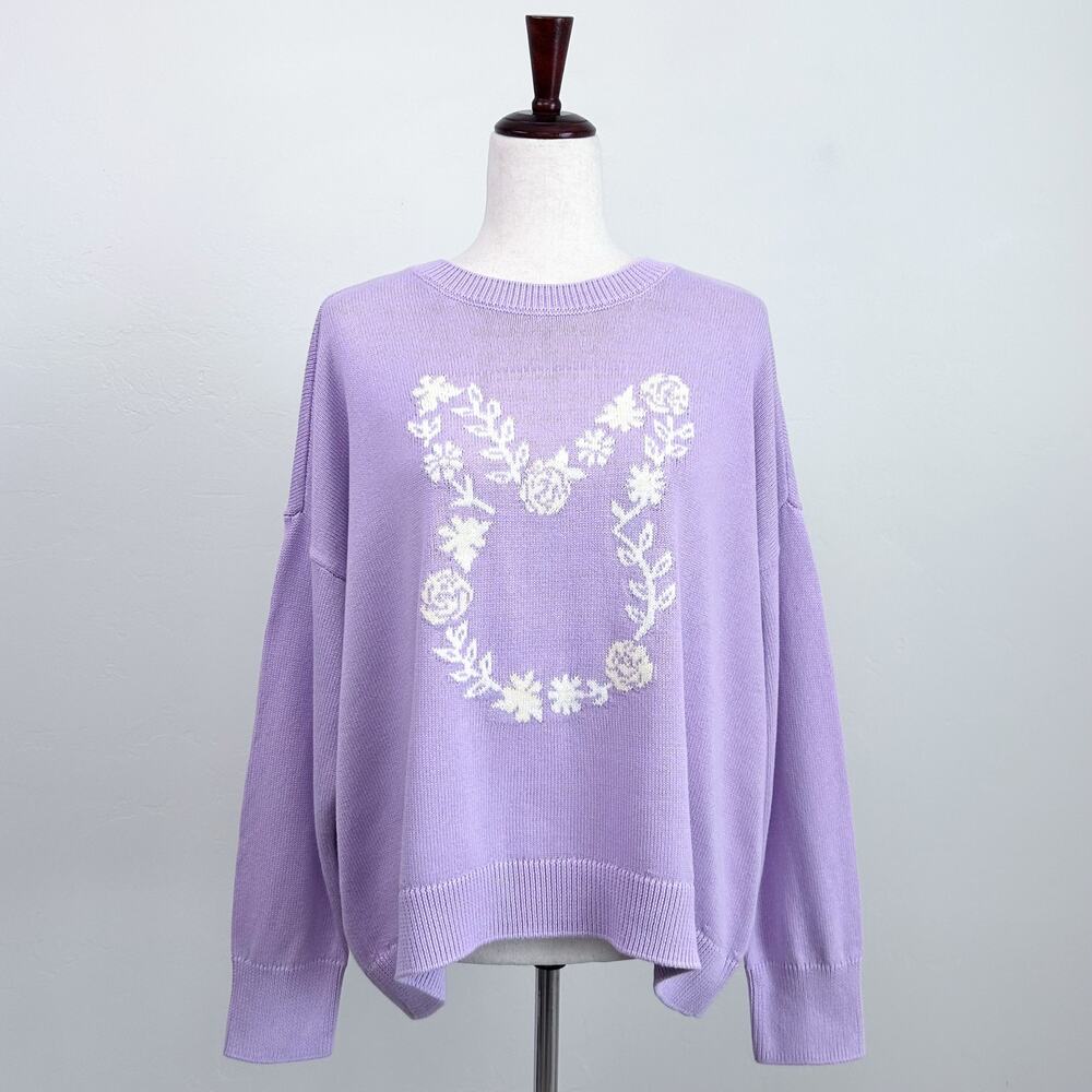 Vince Camuto LARGE Purple Lilac Floral Easter Bunny Cotton Crewneck Sweater NWT